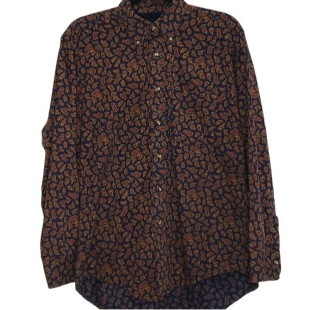 Hathaway Paisley Button Down Dress Shirt Size Men's Medium Navy Gold Red